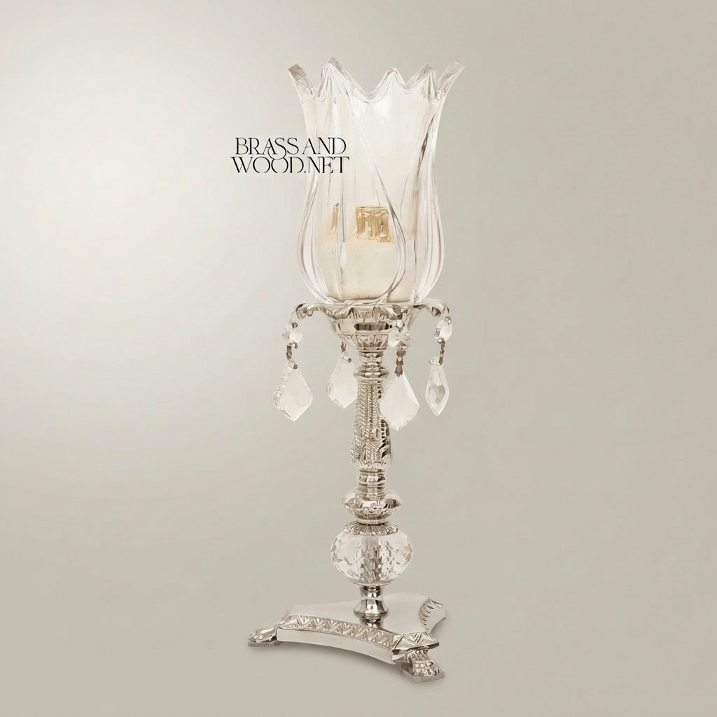 Neoclassical Brass & Crystal Tulip Candle Holder with Crystal Ball Stem and Pendant Drops — Silver