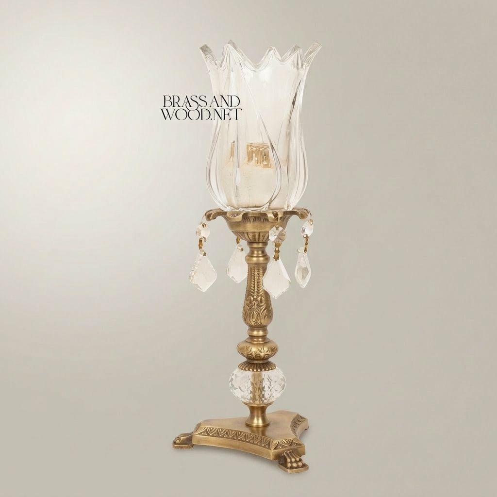 Neoclassical Brass & Crystal Tulip Candle Holder with Crystal Ball Stem and Pendant Drops — Antique Gold