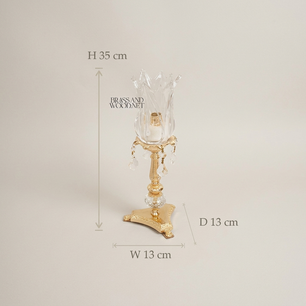 Neoclassical Brass & Crystal Tulip Candle Holder with Crystal Ball Stem and Pendant Drops — Gold