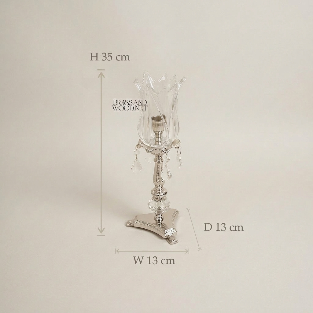 Neoclassical Brass & Crystal Tulip Candle Holder with Crystal Ball Stem and Pendant Drops — Silver
