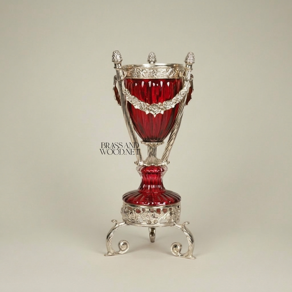 Neoclassical Brass & Crystal Urn Incense Burner with Pinecone Finial & Scrolled Tripod — Silver