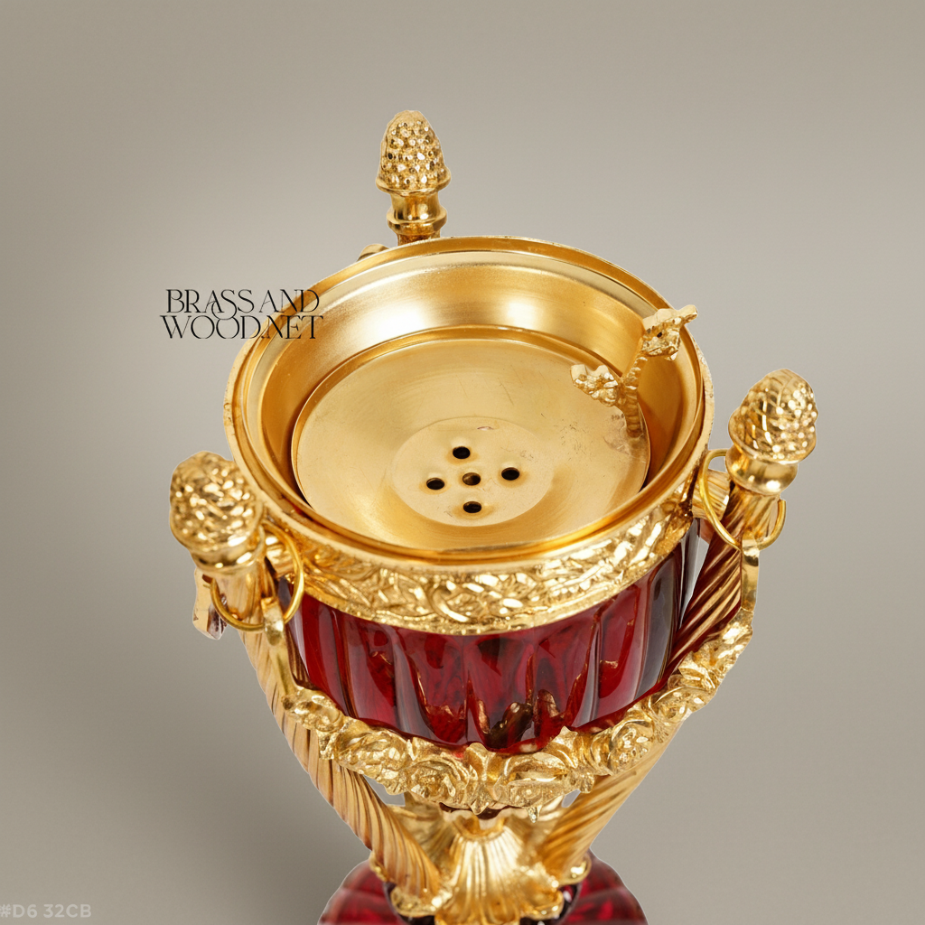 Neoclassical Brass & Crystal Urn Incense Burner with Pinecone Finial & Scrolled Tripod — Gold
