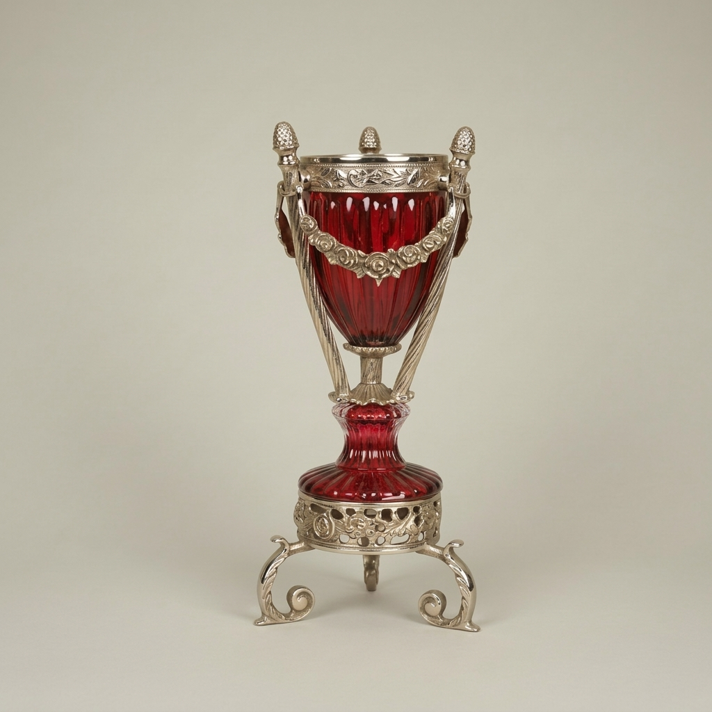 Neoclassical Brass & Crystal Urn Incense Burner with Pinecone Finial & Scrolled Tripod — Silver