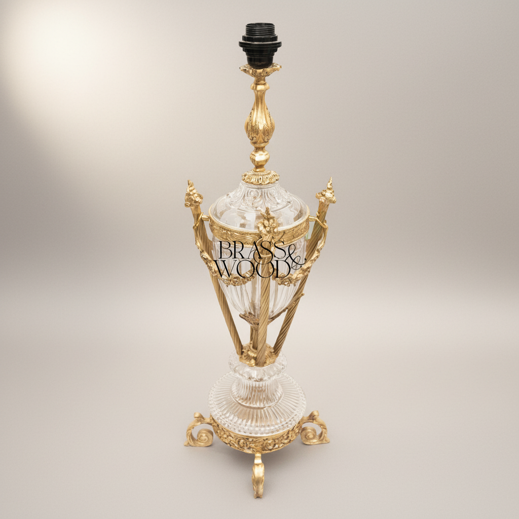 Neoclassical Brass & Crystal Urn Table Lamp - Ornate Fluted Body with Rose Garland — Gold