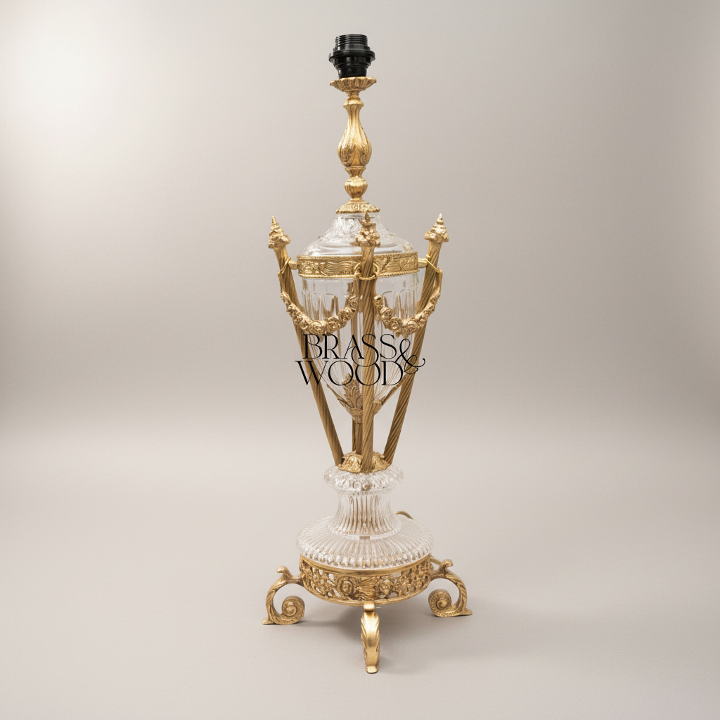 Neoclassical Brass & Crystal Urn Table Lamp - Ornate Fluted Body with Rose Garland — Gold
