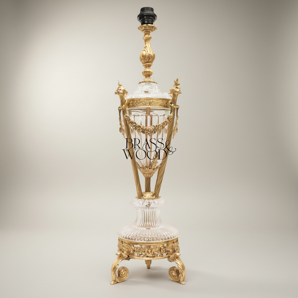 Neoclassical Brass & Crystal Urn Table Lamp - Ornate Fluted Body with Rose Garland