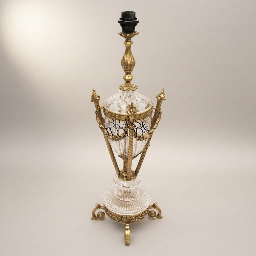 Neoclassical Brass & Crystal Urn Table Lamp - Ornate Fluted Body with Rose Garland — Antique Gold