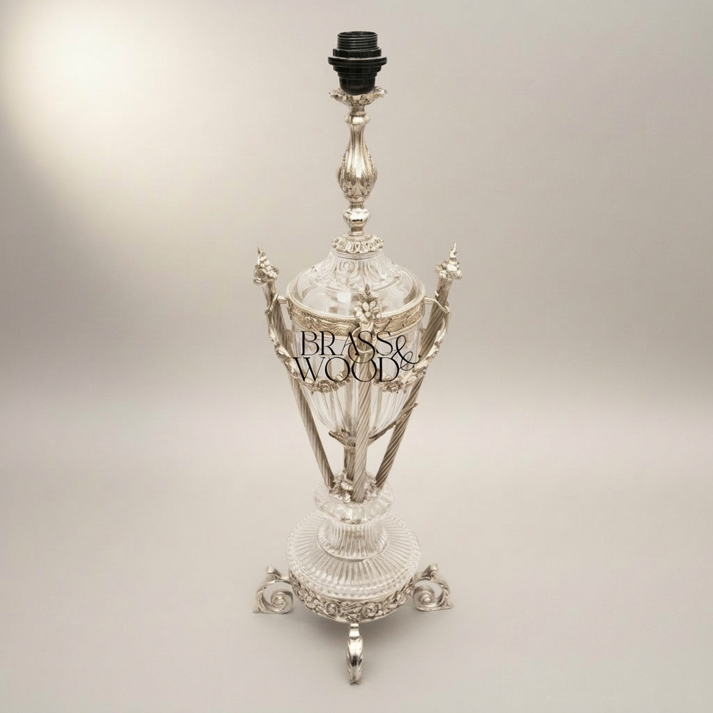 Neoclassical Brass & Crystal Urn Table Lamp - Ornate Fluted Body with Rose Garland — Silver