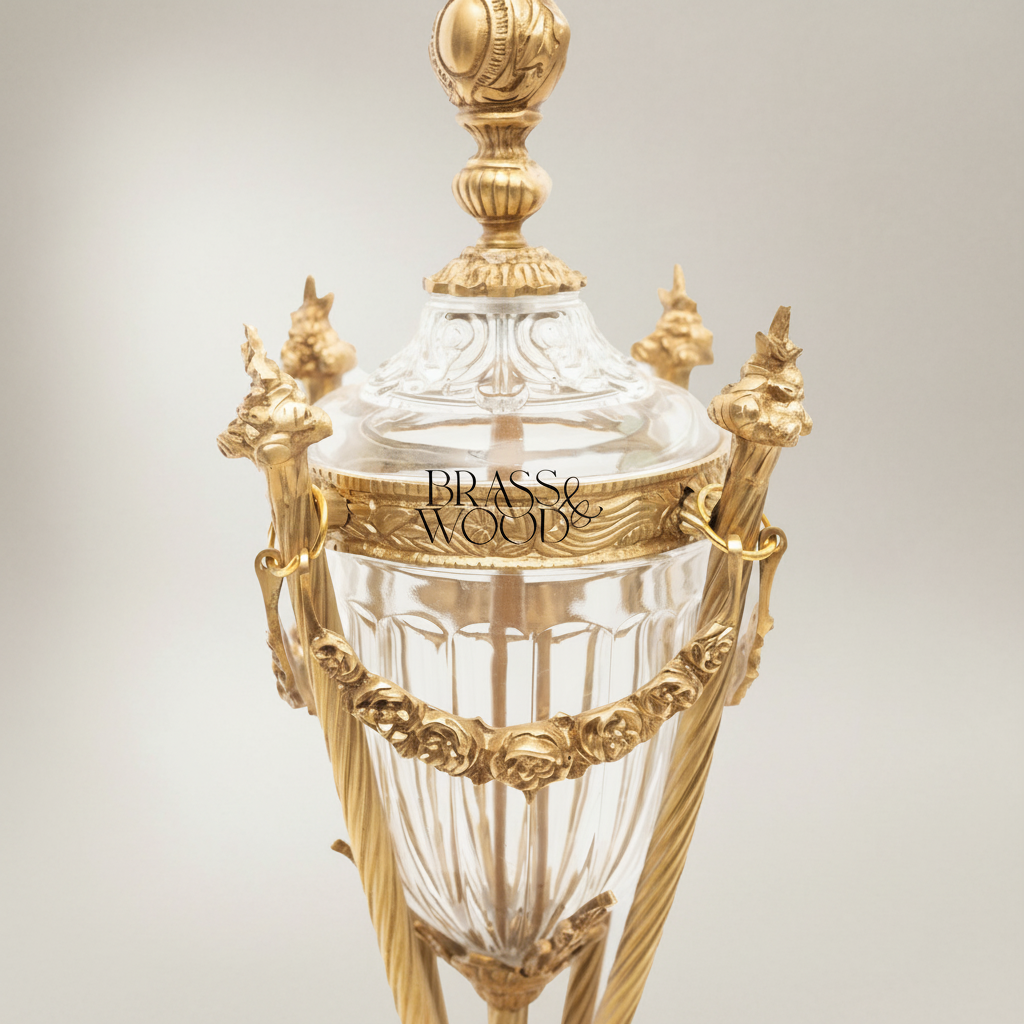 Neoclassical Brass & Crystal Urn Table Lamp - Ornate Fluted Body with Rose Garland — Gold