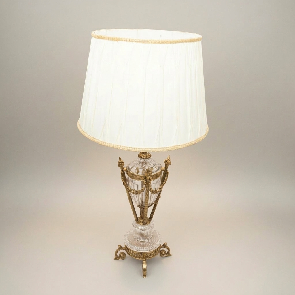 Neoclassical Brass & Crystal Urn Table Lamp - Ornate Fluted Body with Rose Garland — Antique Gold