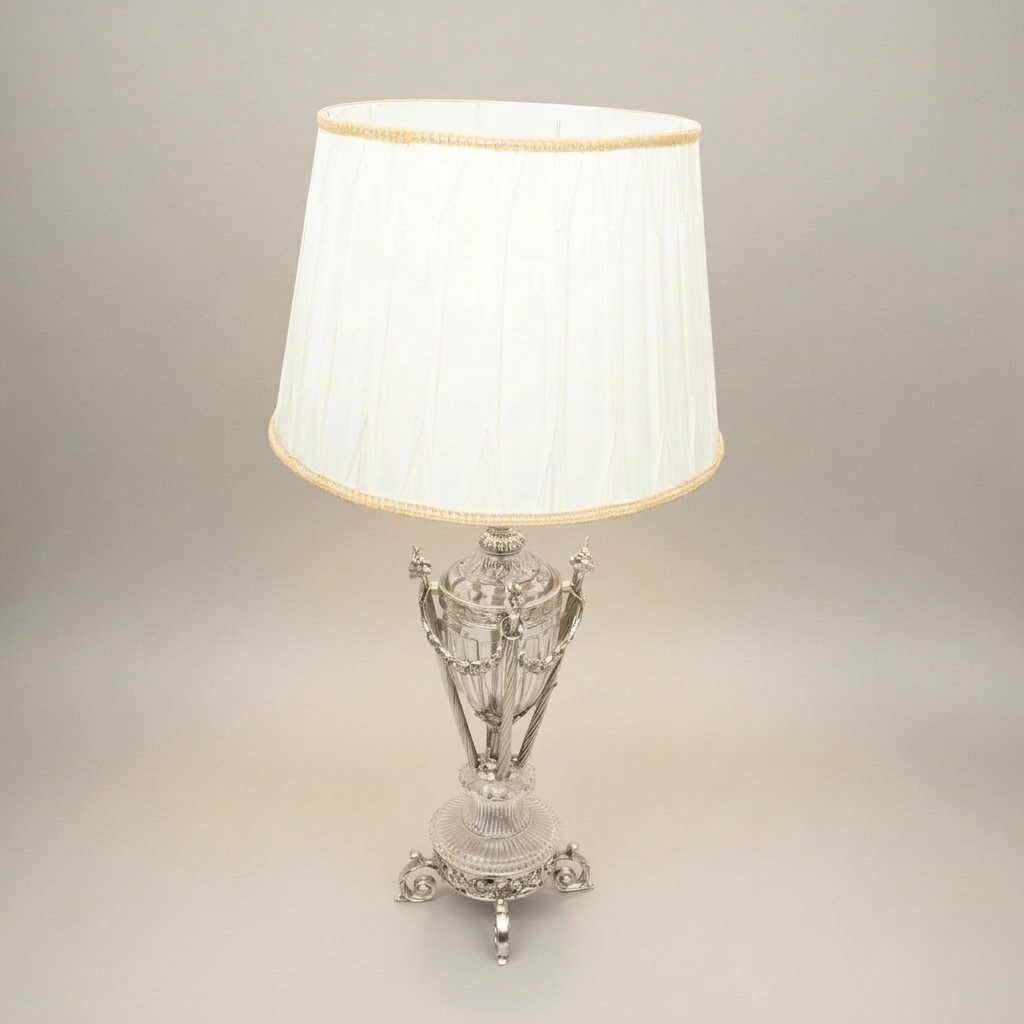 Neoclassical Brass & Crystal Urn Table Lamp - Ornate Fluted Body with Rose Garland — Silver