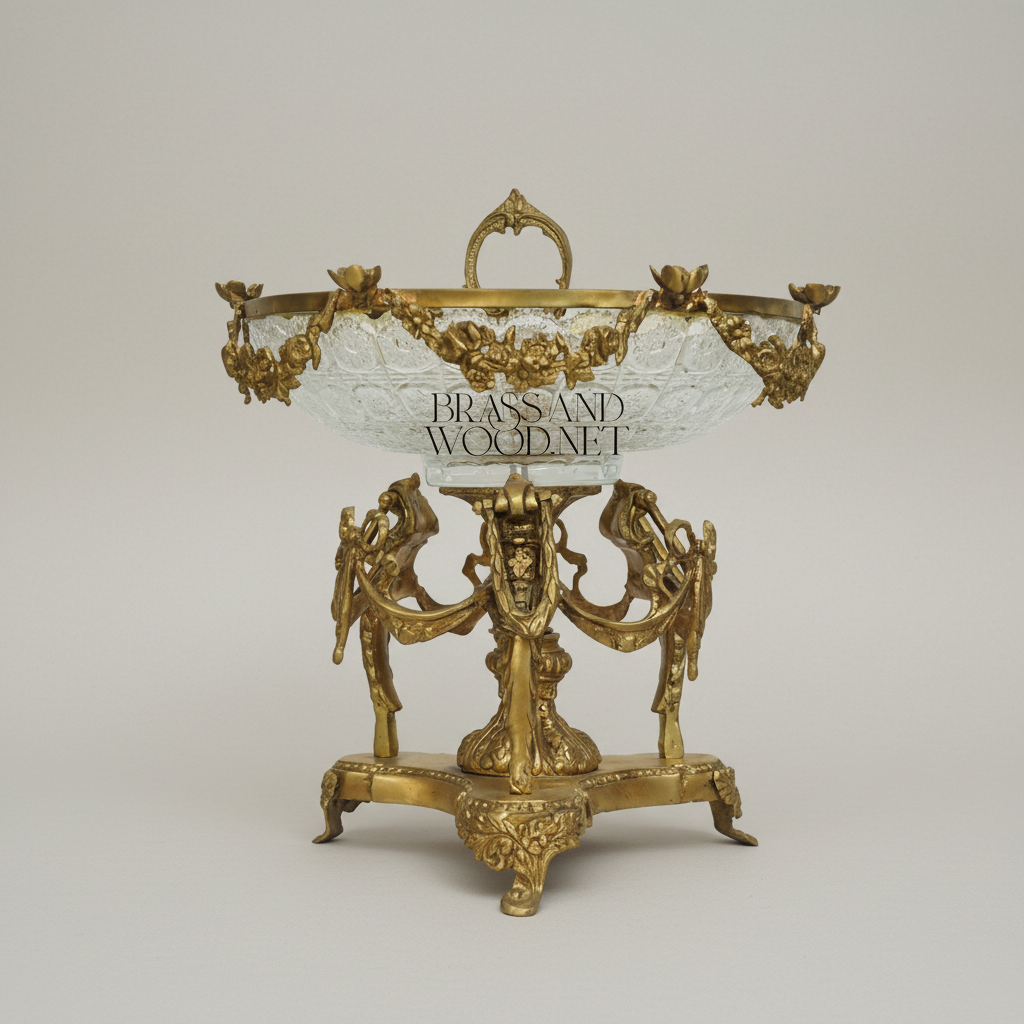 Neoclassical Brass & Engraved Glass Centerpiece Bowl — Caryatid & Swag Stand
