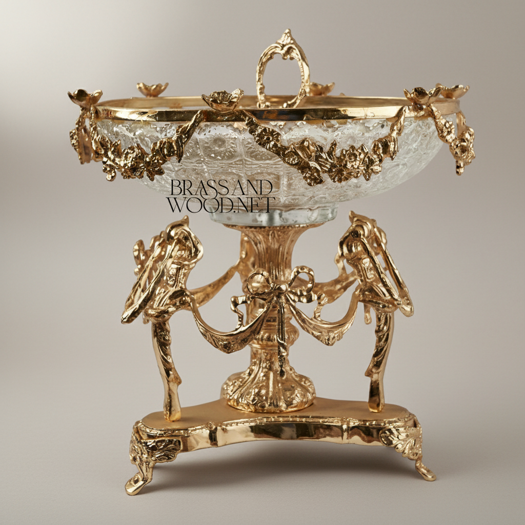 Neoclassical Brass & Engraved Glass Centerpiece Bowl — Caryatid & Swag Stand — Gold