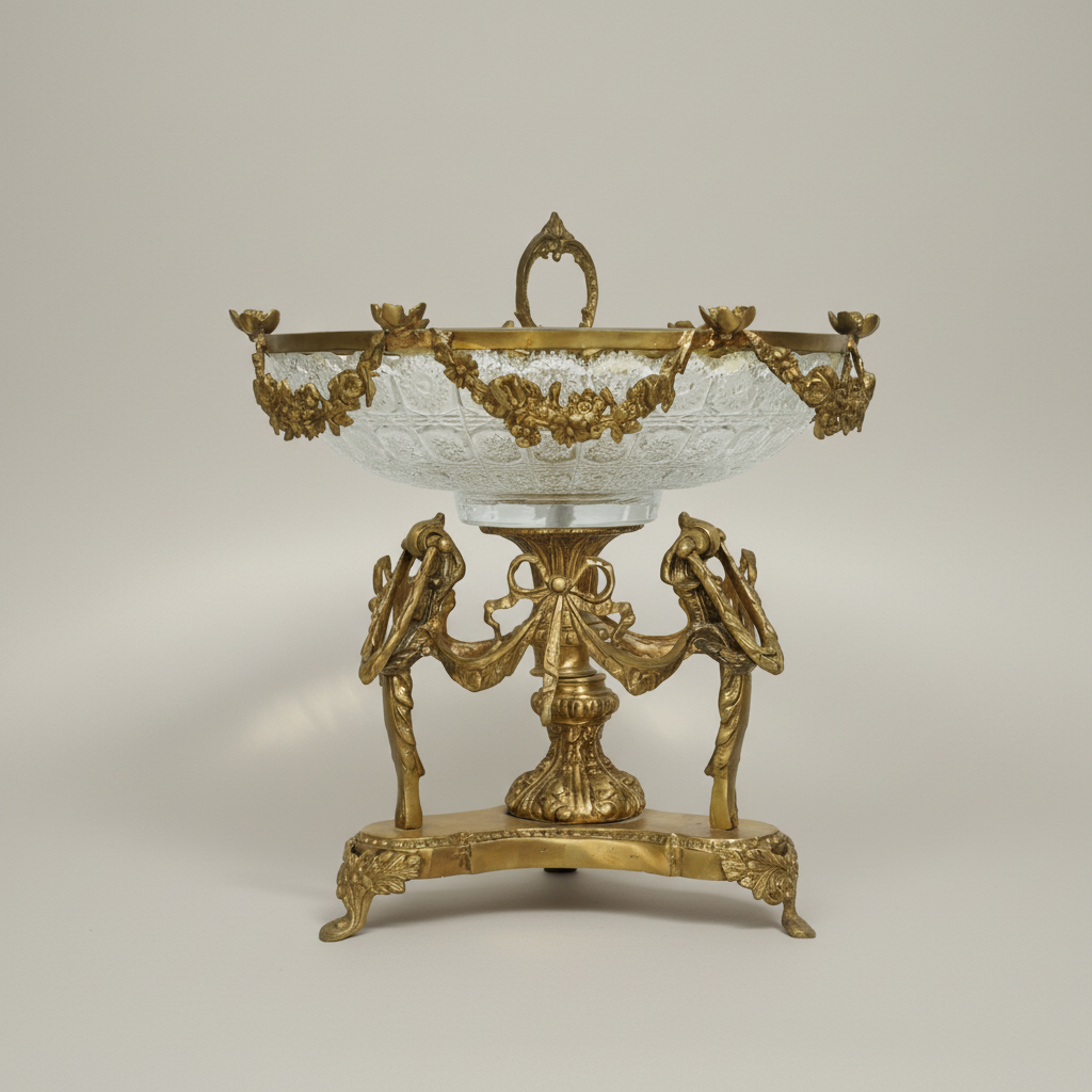 Neoclassical Brass & Engraved Glass Centerpiece Bowl — Caryatid & Swag Stand — Antique Gold