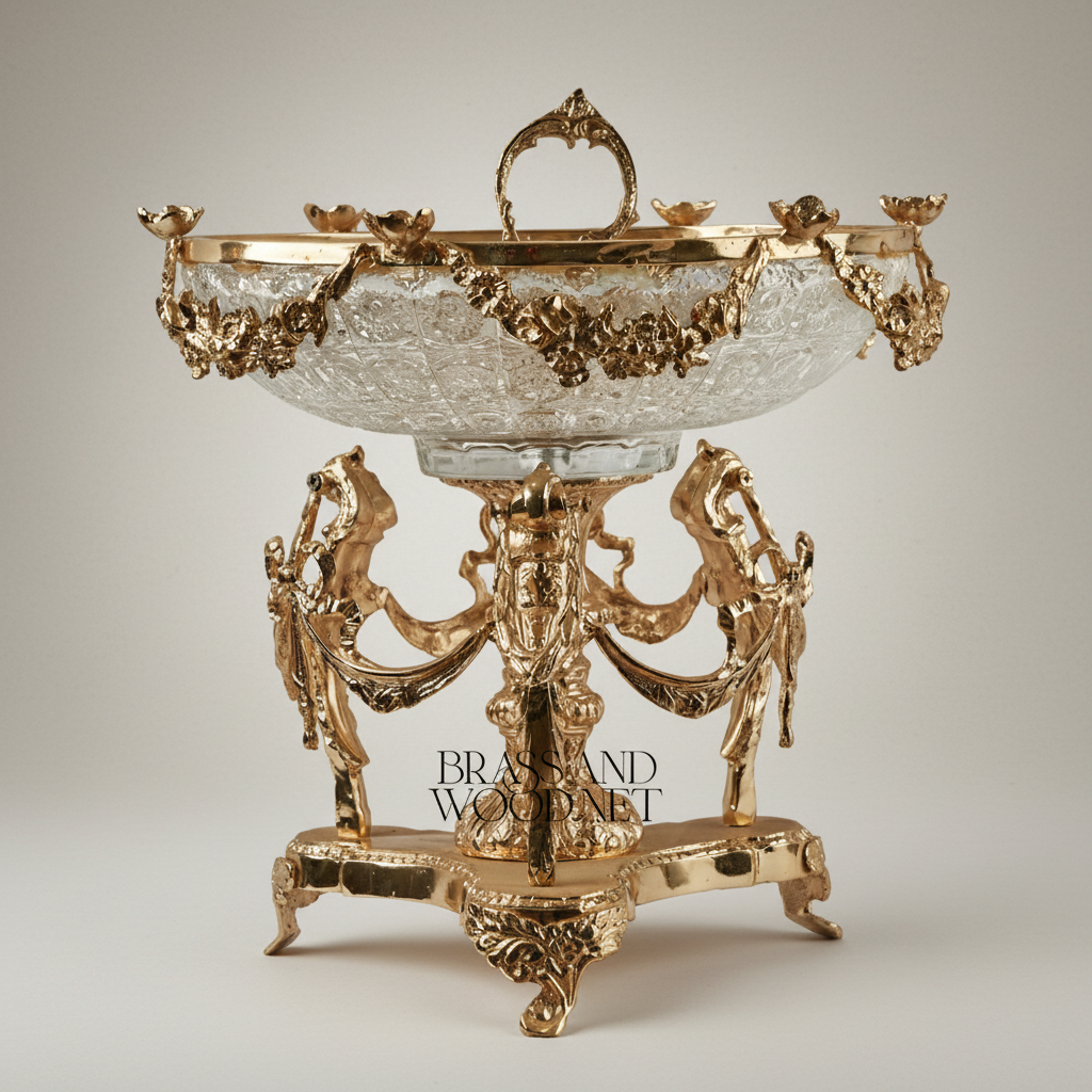 Neoclassical Brass & Engraved Glass Centerpiece Bowl — Caryatid & Swag Stand — Gold