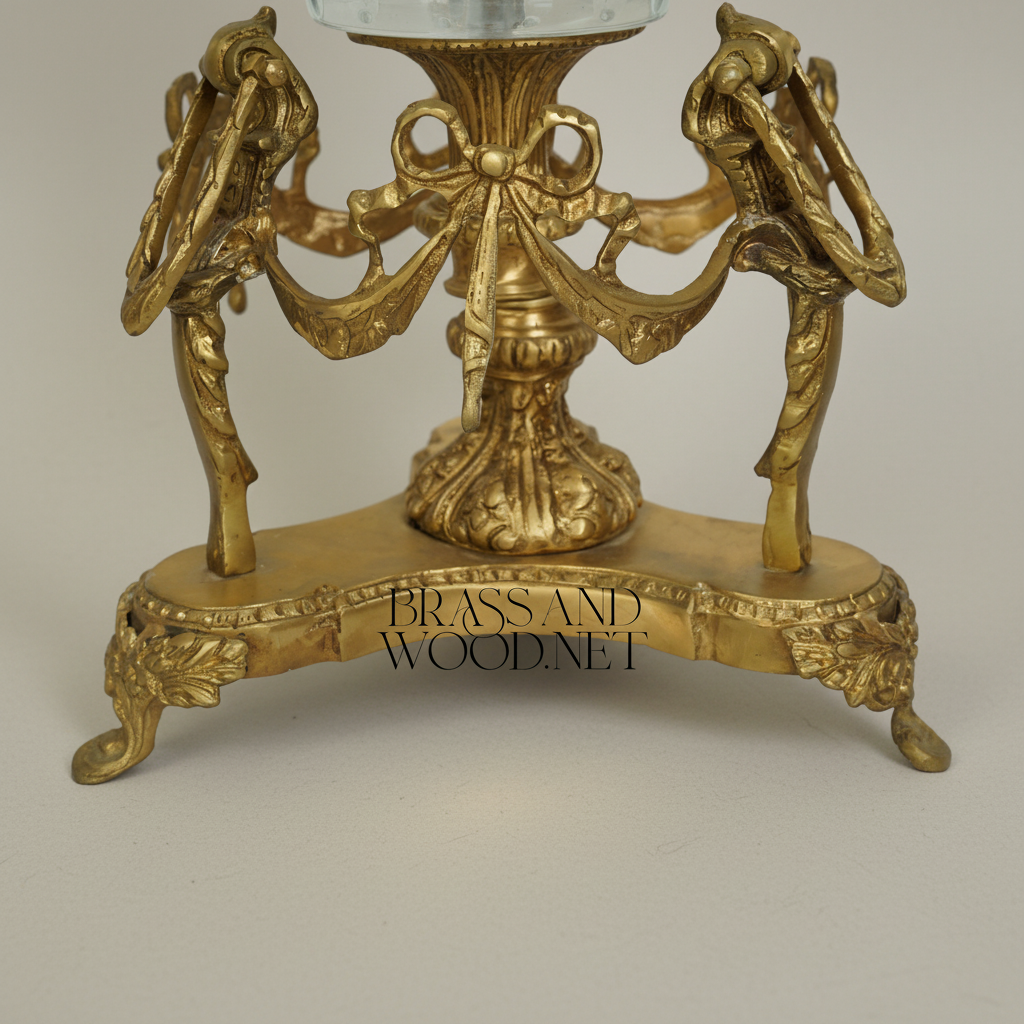 Neoclassical Brass & Engraved Glass Centerpiece Bowl — Caryatid & Swag Stand — Antique Gold