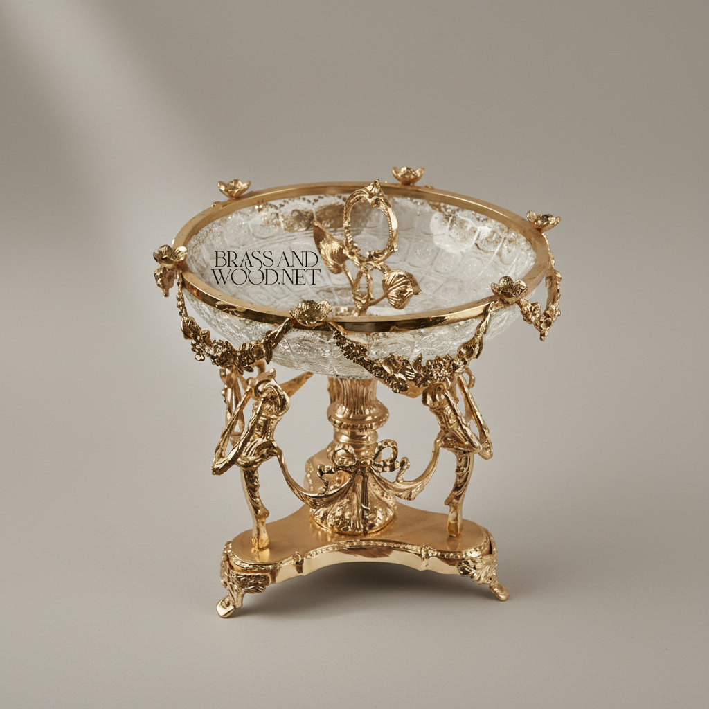 Neoclassical Brass & Engraved Glass Centerpiece Bowl — Caryatid & Swag Stand — Gold