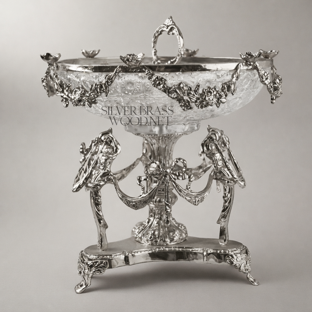 Neoclassical Brass & Engraved Glass Centerpiece Bowl — Caryatid & Swag Stand — Silver