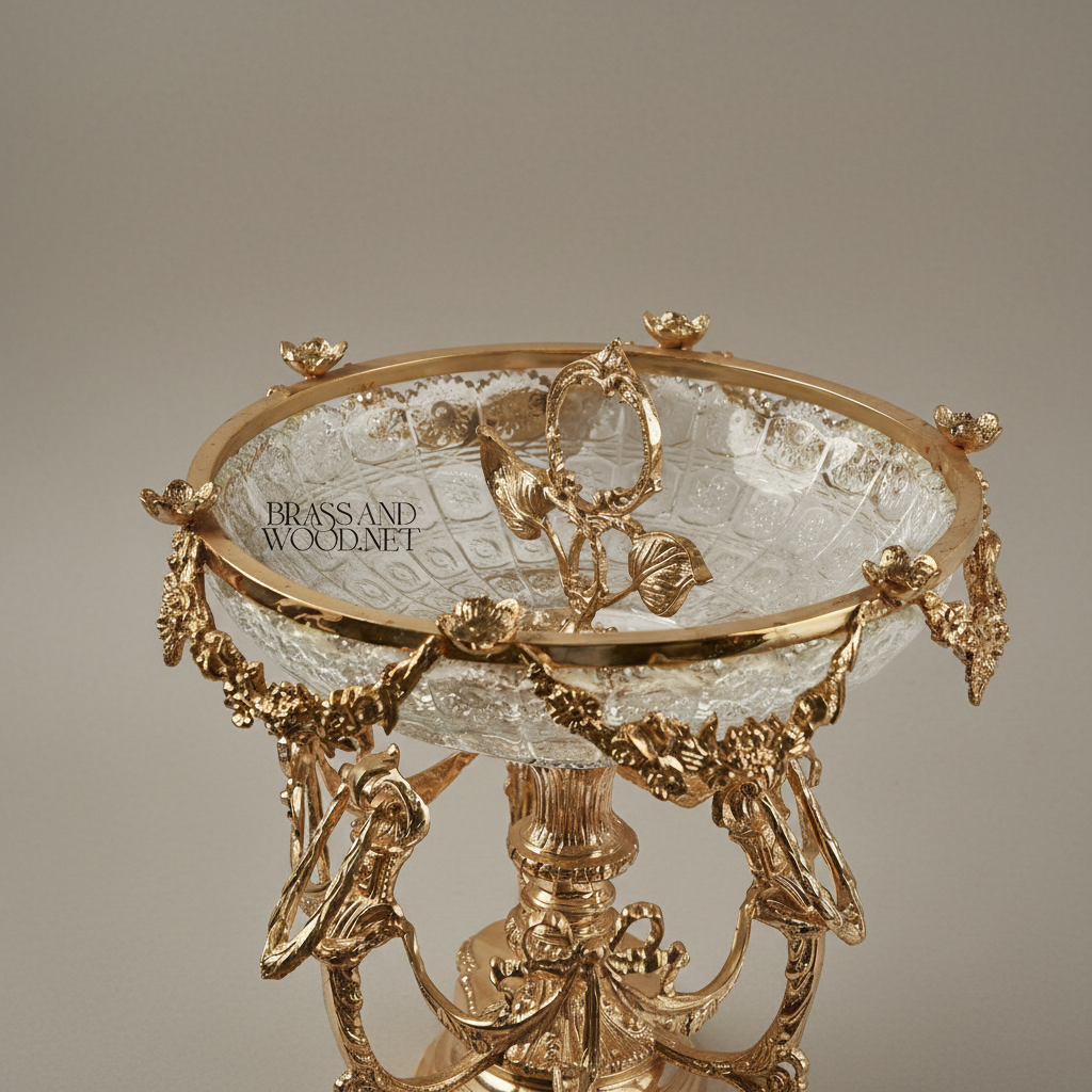 Neoclassical Brass & Engraved Glass Centerpiece Bowl — Caryatid & Swag Stand — Gold