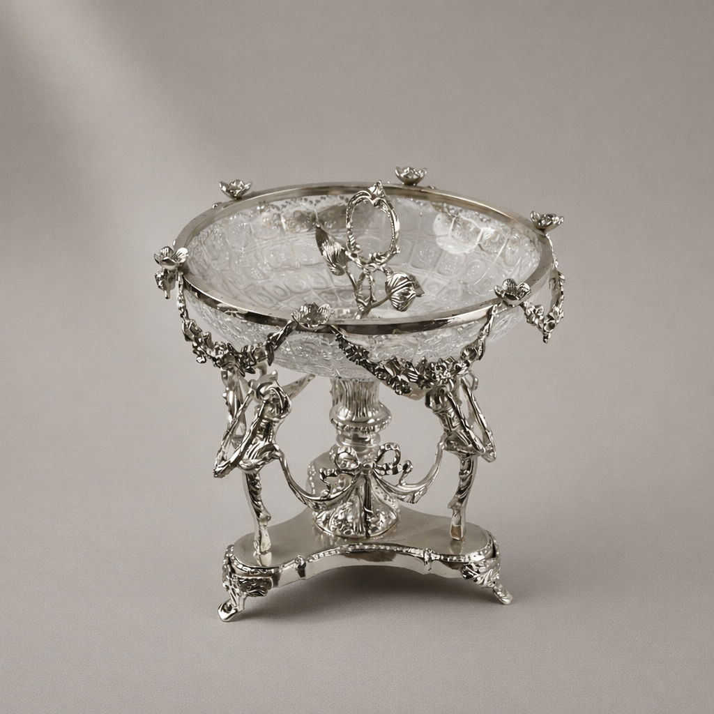 Neoclassical Brass & Engraved Glass Centerpiece Bowl — Caryatid & Swag Stand — Silver