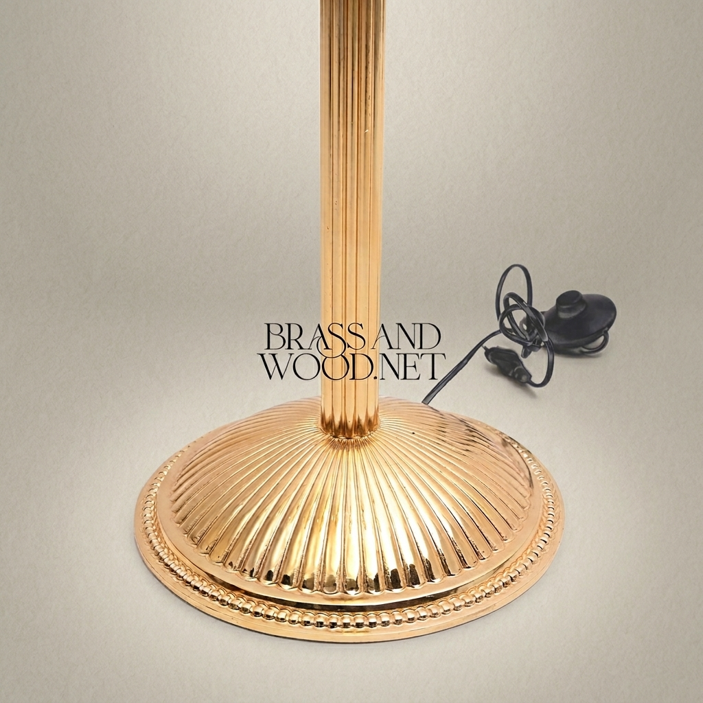 Neoclassical Brass Floor Lamp with Engraved Crystal Urn & Pleated Shade — Gold