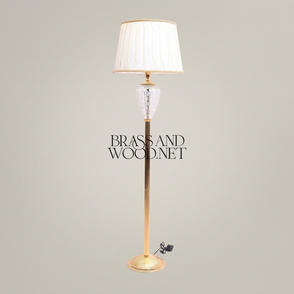 Neoclassical Brass Floor Lamp with Engraved Crystal Urn & Pleated Shade