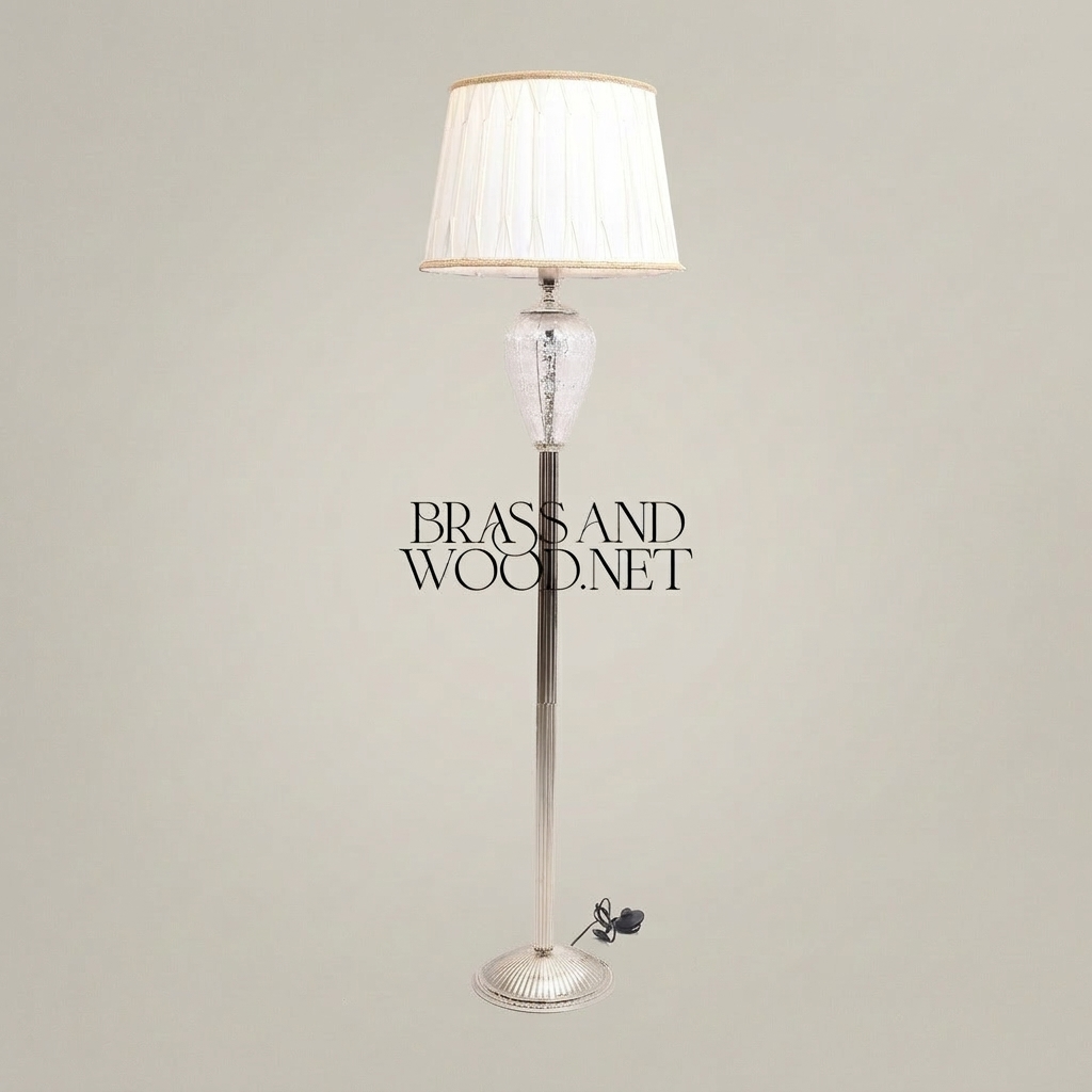 Neoclassical Brass Floor Lamp with Engraved Crystal Urn & Pleated Shade — Silver