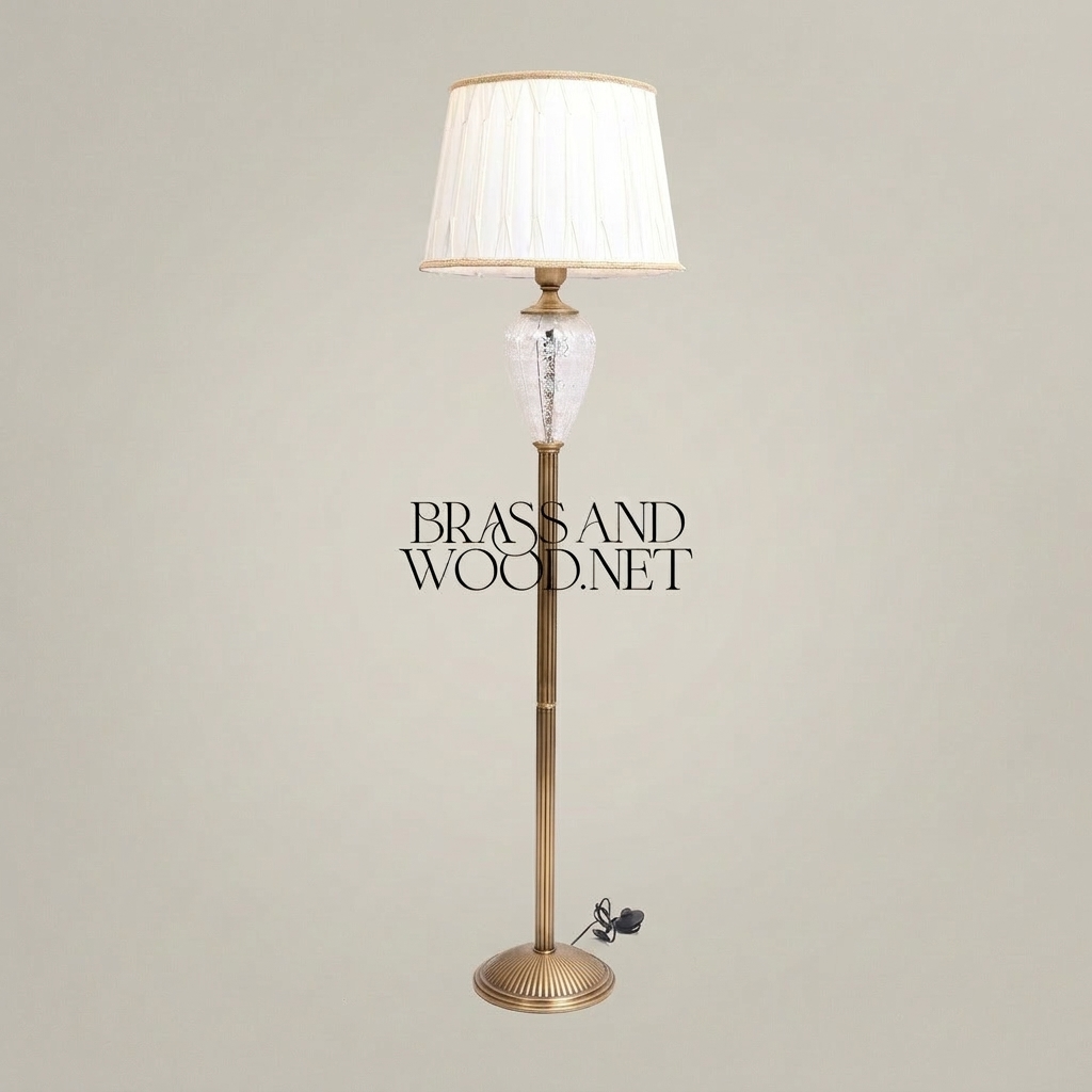 Neoclassical Brass Floor Lamp with Engraved Crystal Urn & Pleated Shade — Antique Gold