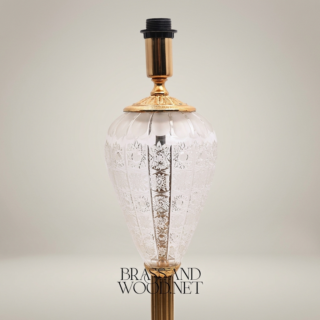 Neoclassical Brass Floor Lamp with Engraved Crystal Urn & Pleated Shade — Gold