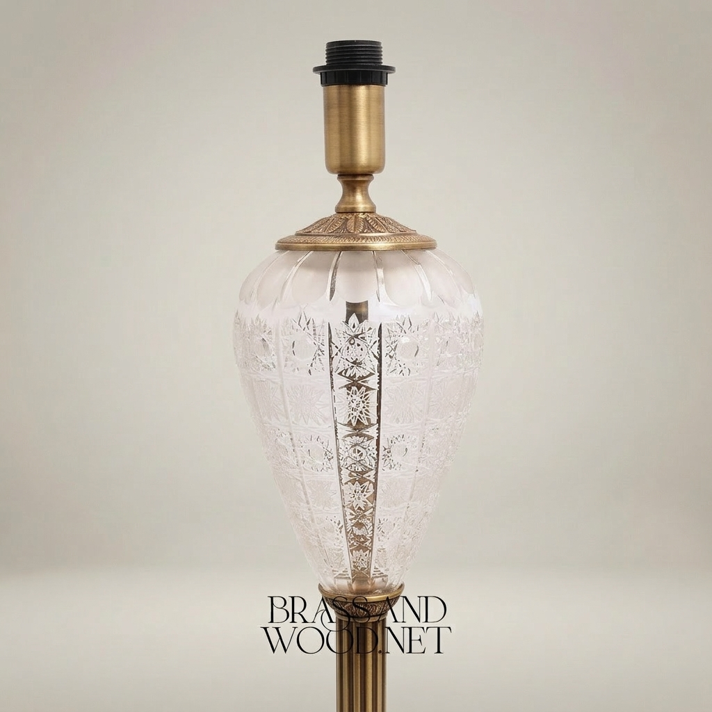 Neoclassical Brass Floor Lamp with Engraved Crystal Urn & Pleated Shade — Antique Gold