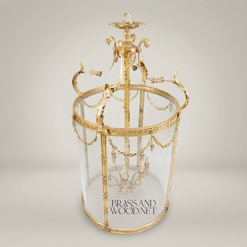 Neoclassical Brass & Glass Cylindrical Hall Lantern with Swag Garland Frieze — Antique Gold
