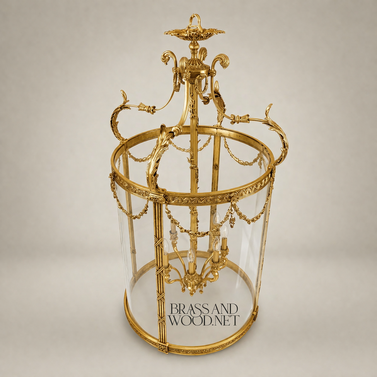 Neoclassical Brass & Glass Cylindrical Hall Lantern with Swag Garland Frieze