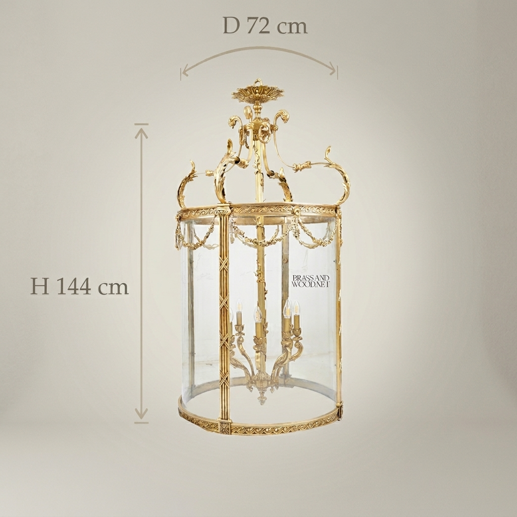 Neoclassical Brass & Glass Cylindrical Hall Lantern with Swag Garland Frieze — Antique Gold
