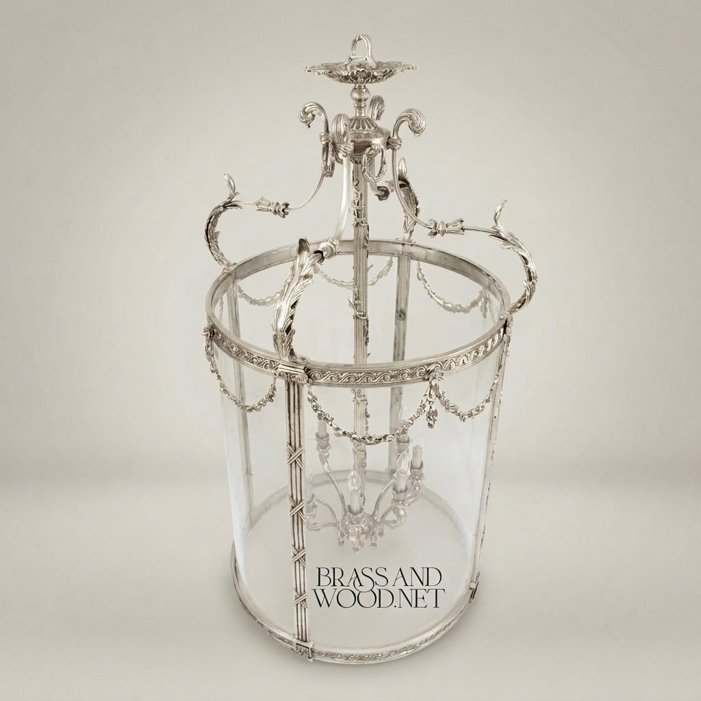 Neoclassical Brass & Glass Cylindrical Hall Lantern with Swag Garland Frieze — Silver