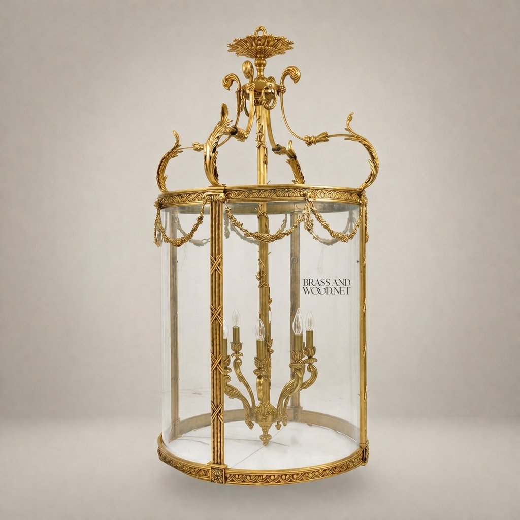Neoclassical Brass & Glass Cylindrical Hall Lantern with Swag Garland Frieze — Gold