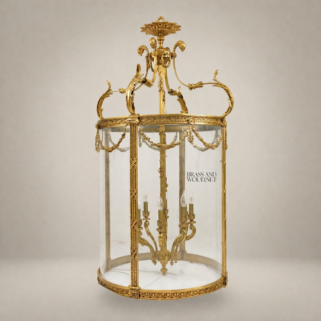 Neoclassical Brass & Glass Cylindrical Hall Lantern with Swag Garland Frieze — Gold