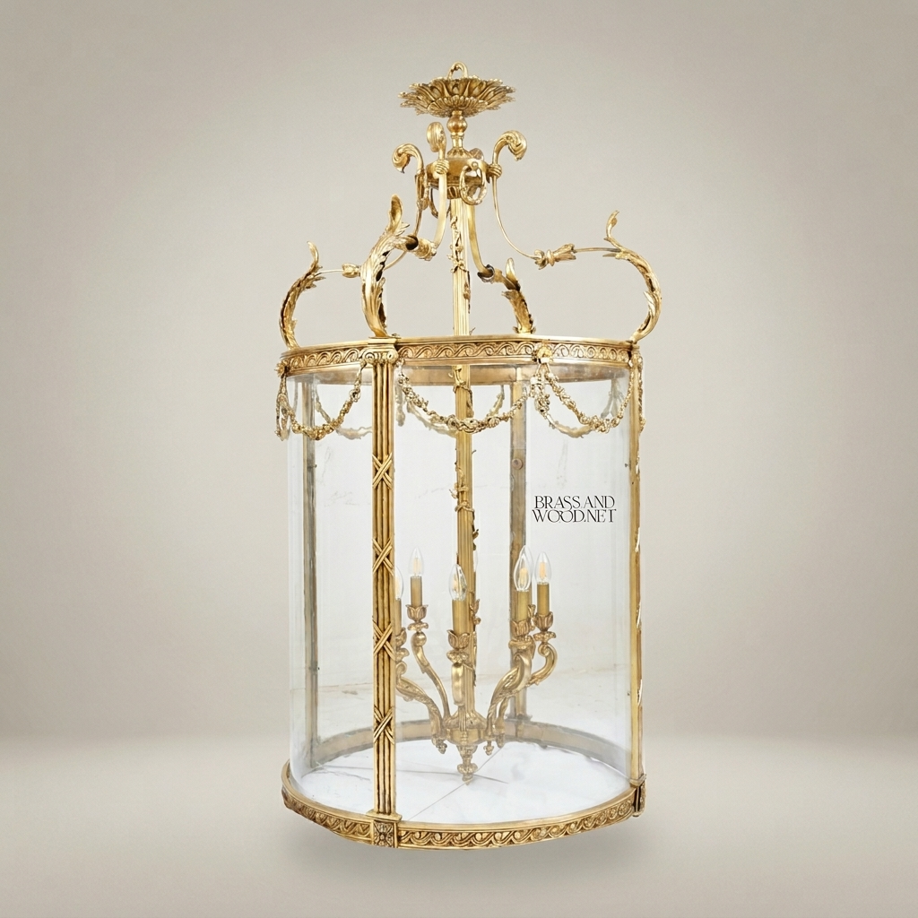 Neoclassical Brass & Glass Cylindrical Hall Lantern with Swag Garland Frieze — Antique Gold