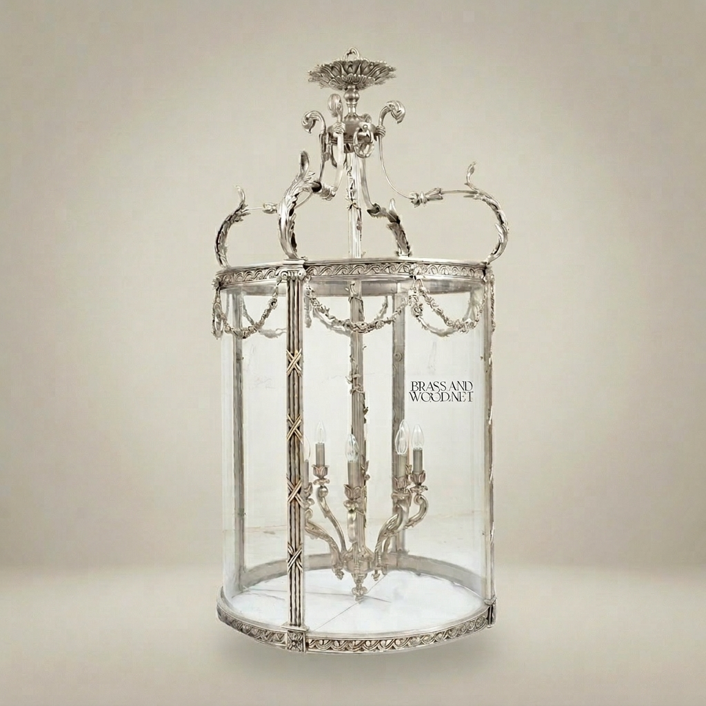 Neoclassical Brass & Glass Cylindrical Hall Lantern with Swag Garland Frieze — Silver