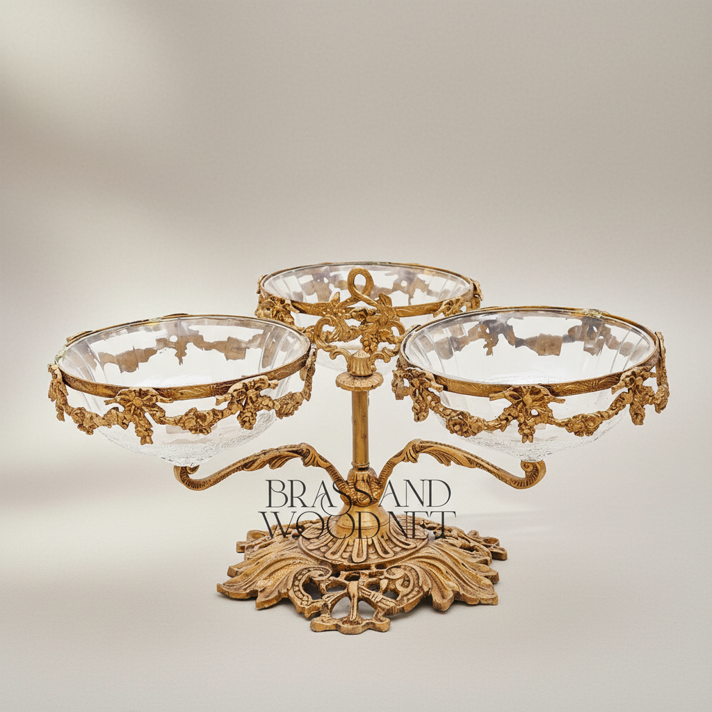 Neoclassical Brass & Glass Triple-Bowl Épergne with Floral Garland Mounts — Antique Gold