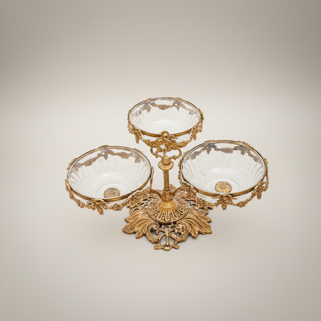 Neoclassical Brass & Glass Triple-Bowl Épergne with Floral Garland Mounts