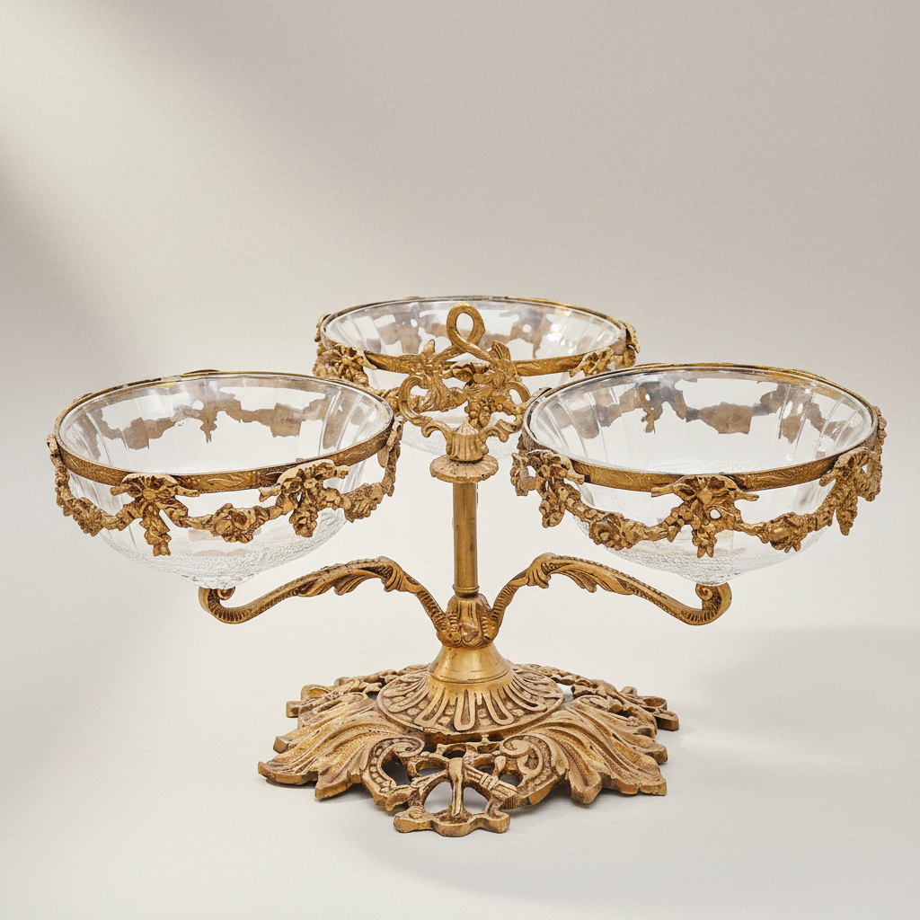 Neoclassical Brass & Glass Triple-Bowl Épergne with Floral Garland Mounts — Antique Gold