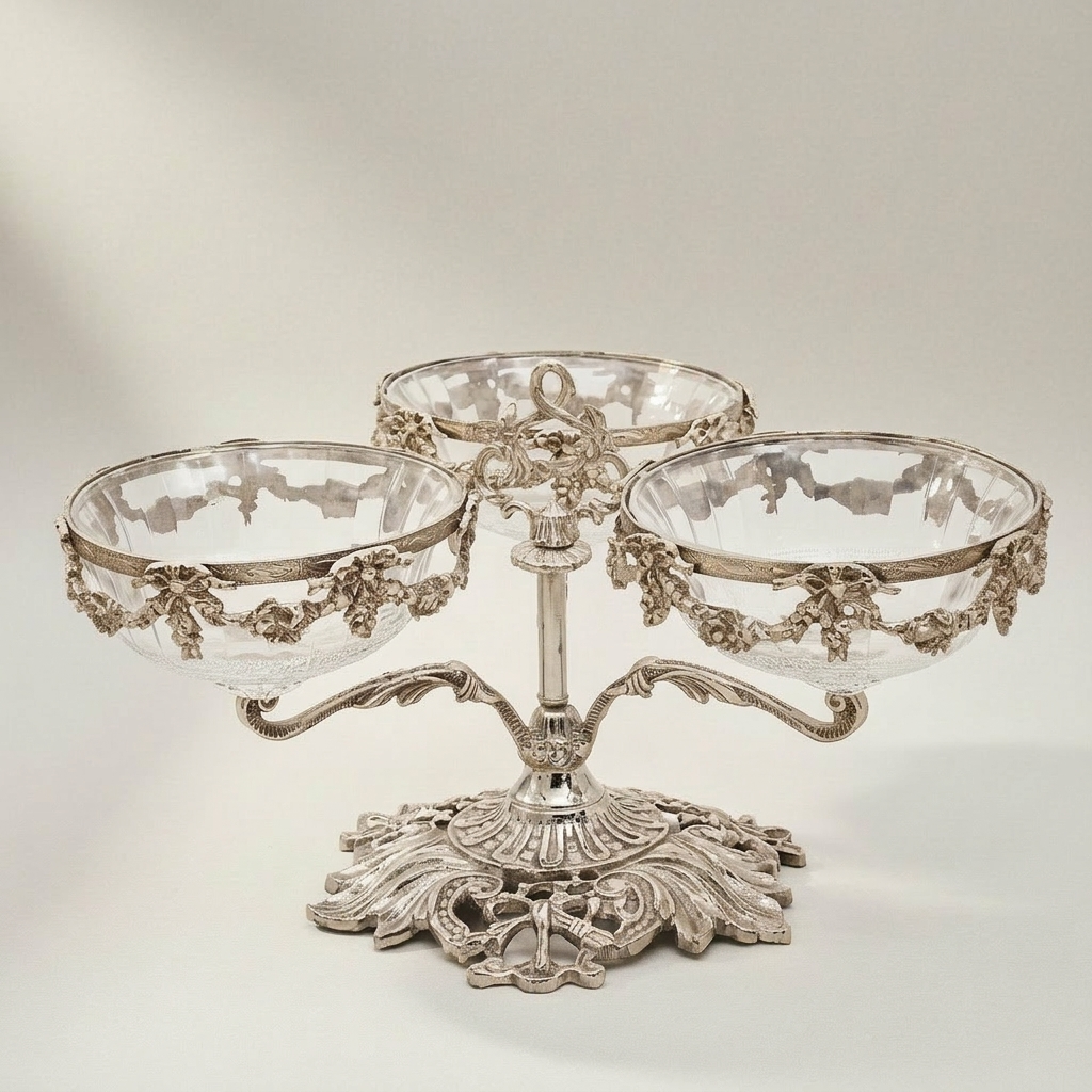 Neoclassical Brass & Glass Triple-Bowl Épergne with Floral Garland Mounts — Silver