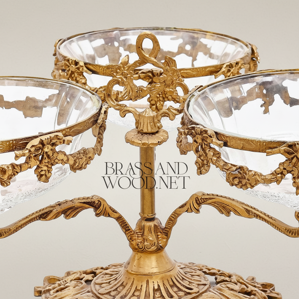 Neoclassical Brass & Glass Triple-Bowl Épergne with Floral Garland Mounts — Antique Gold