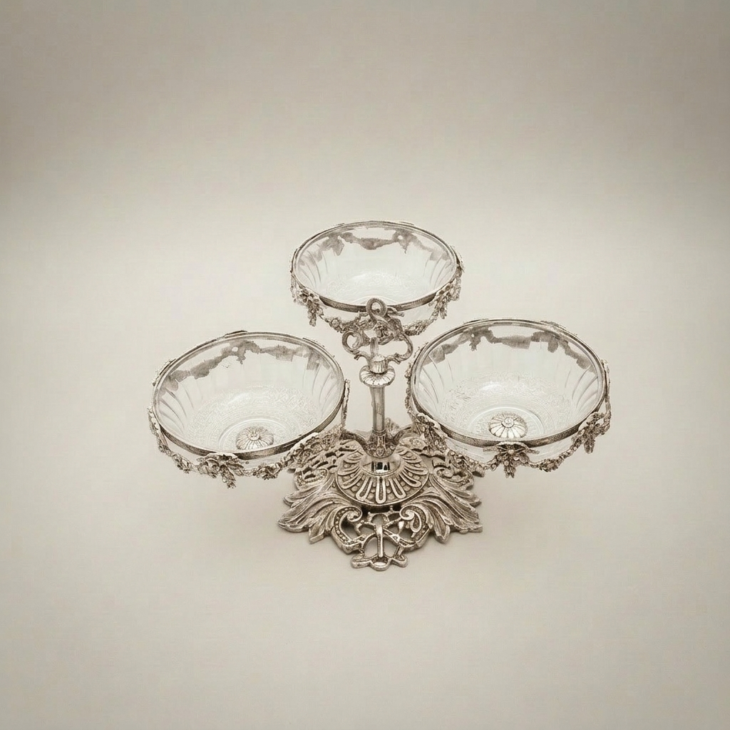 Neoclassical Brass & Glass Triple-Bowl Épergne with Floral Garland Mounts — Silver