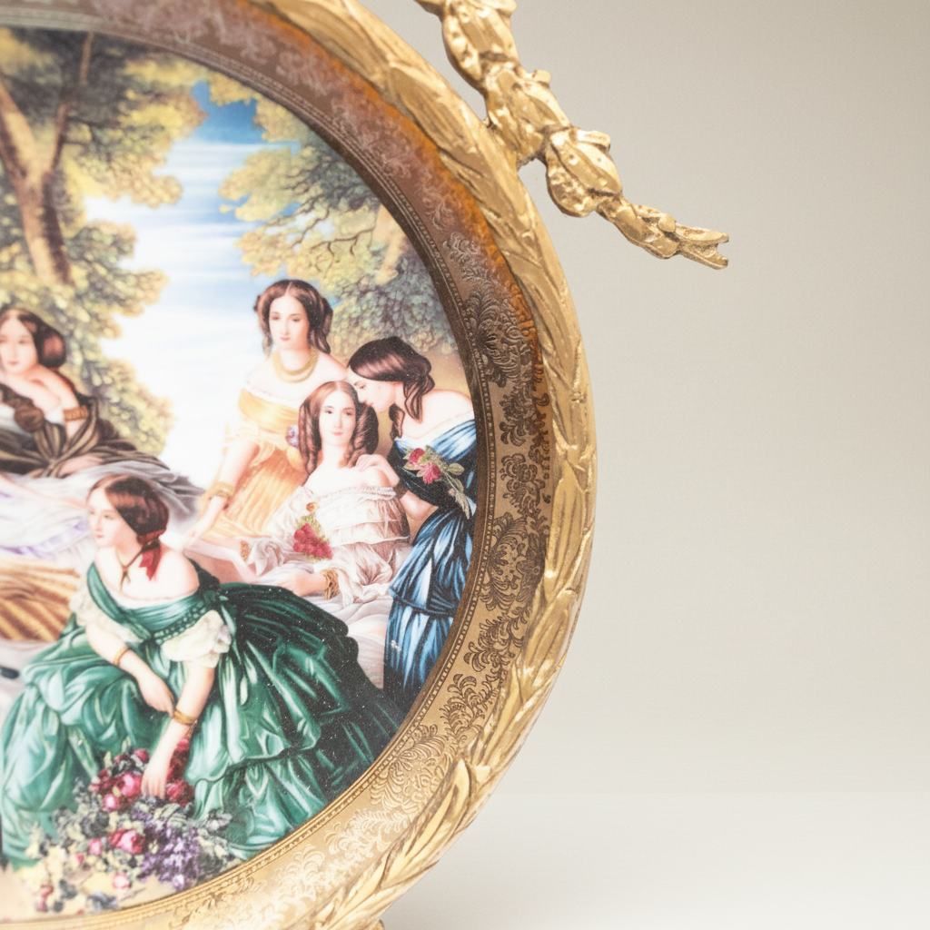 Neoclassical Brass Hanging Decorative Plate with Laurel Swag Frame & Figurative Scene