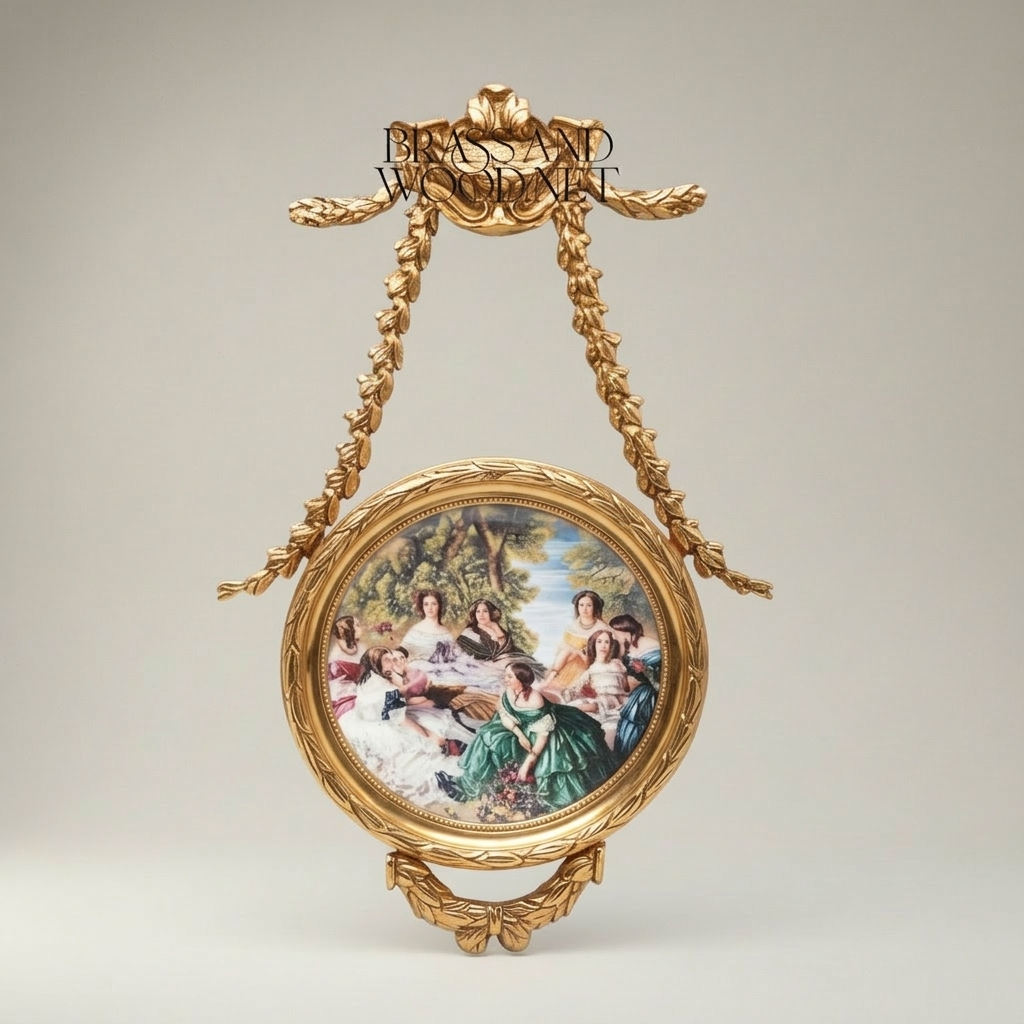 Neoclassical Brass Hanging Decorative Plate with Laurel Swag Frame & Figurative Scene — Gold