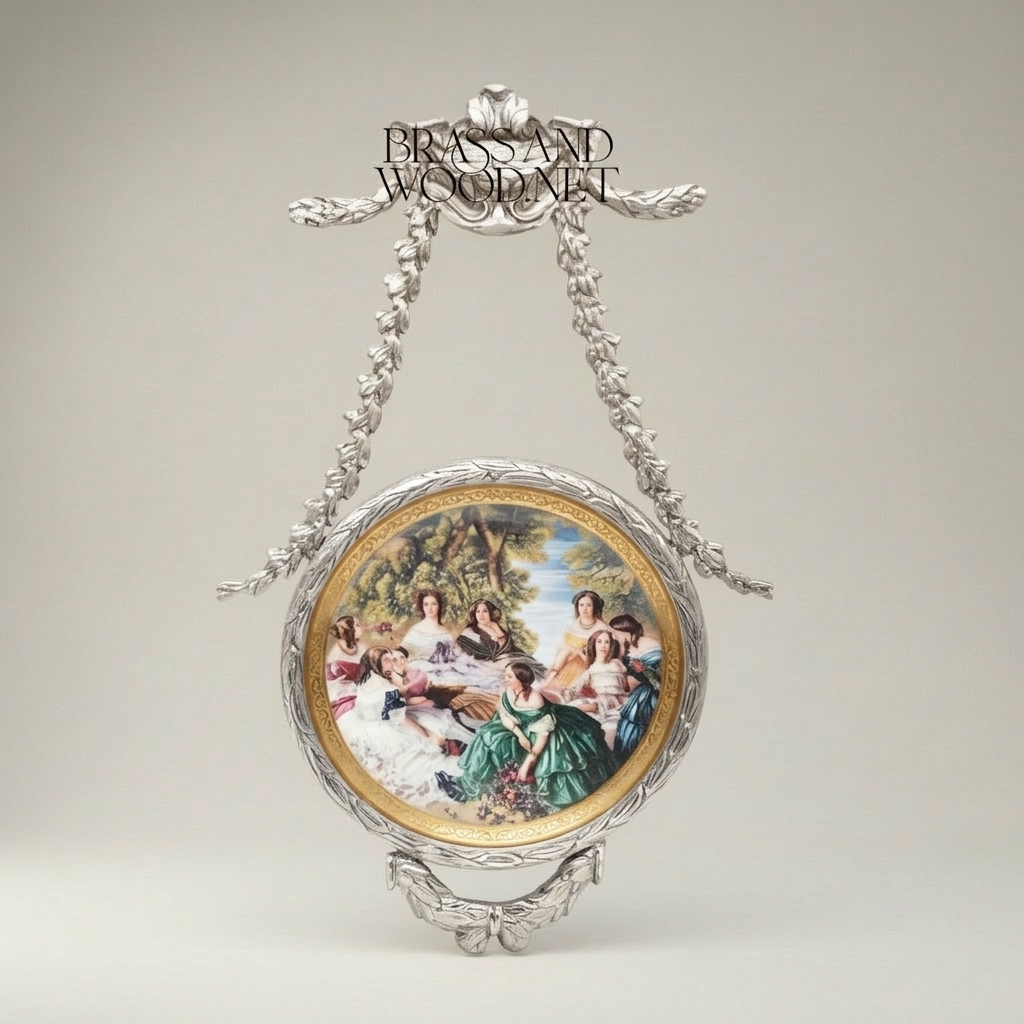 Neoclassical Brass Hanging Decorative Plate with Laurel Swag Frame & Figurative Scene — Silver