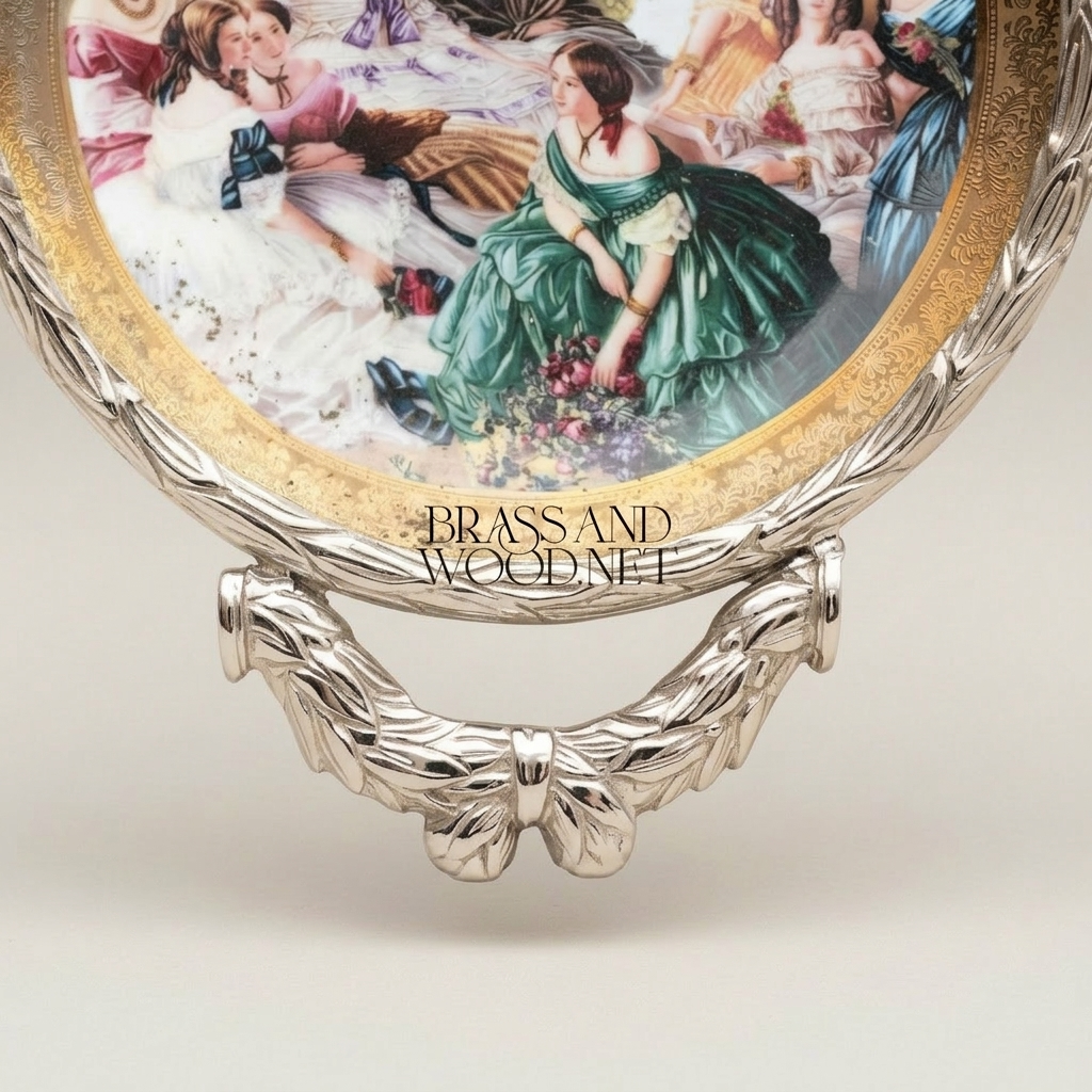 Neoclassical Brass Hanging Decorative Plate with Laurel Swag Frame & Figurative Scene — Silver