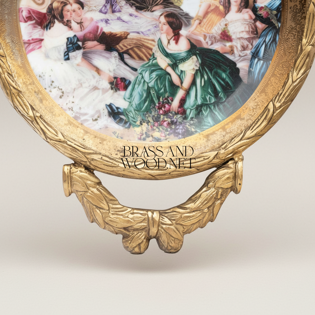 Neoclassical Brass Hanging Decorative Plate with Laurel Swag Frame & Court Scene Porcelain