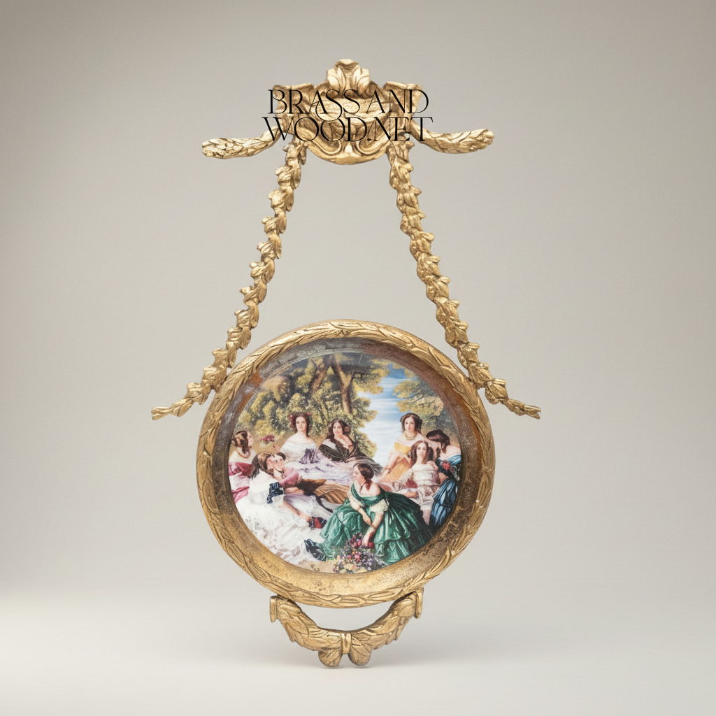Neoclassical Brass Hanging Decorative Plate with Laurel Swag Frame & Court Scene Porcelain